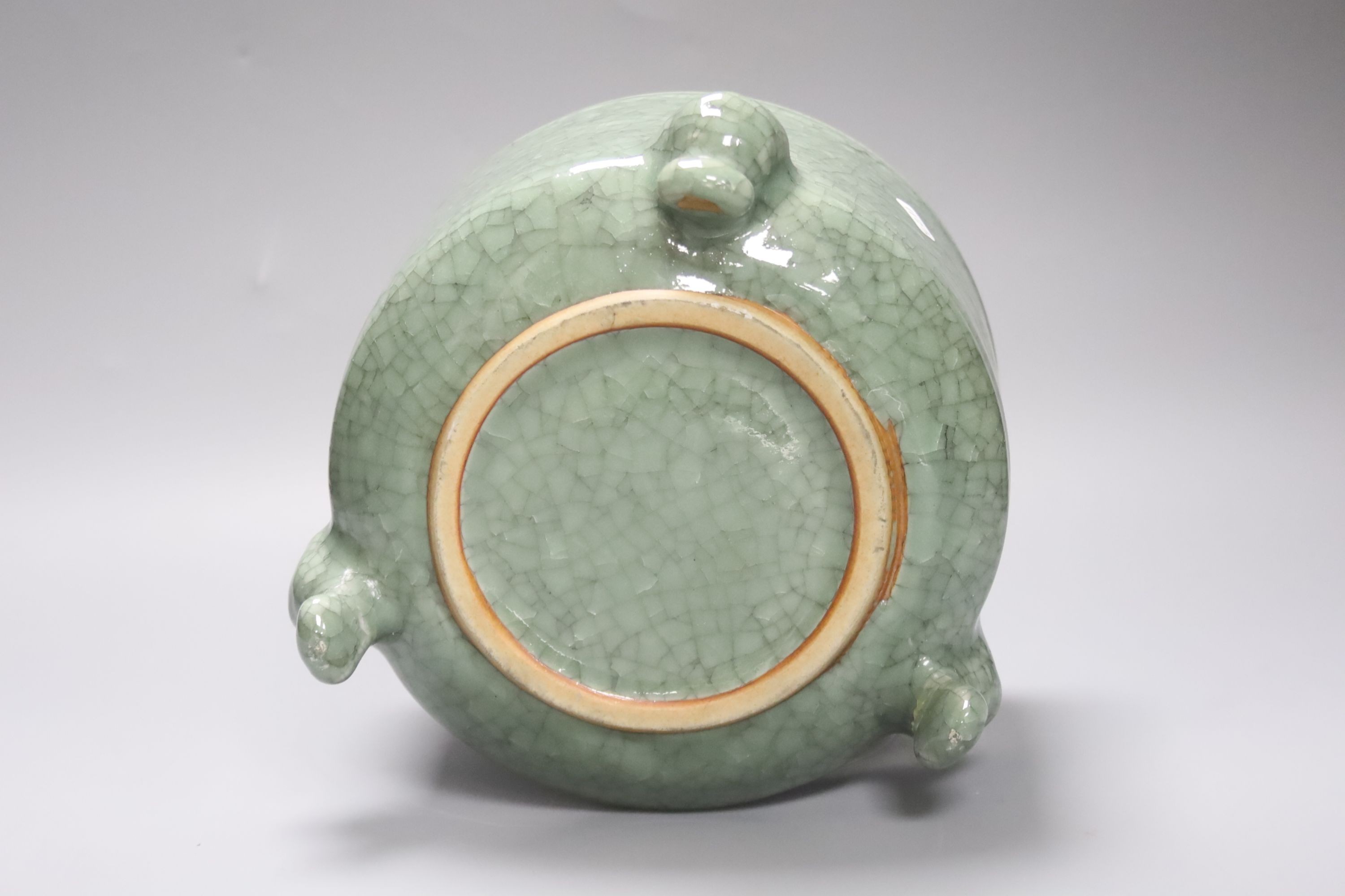 A large Chinese celadon crackleglaze tripod censer 15cm
